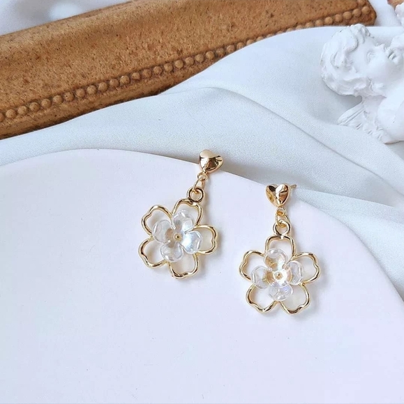 Gold-plated Heart Enamel Flower drop earrings with silver post BOGO - Picture 8 of 11
